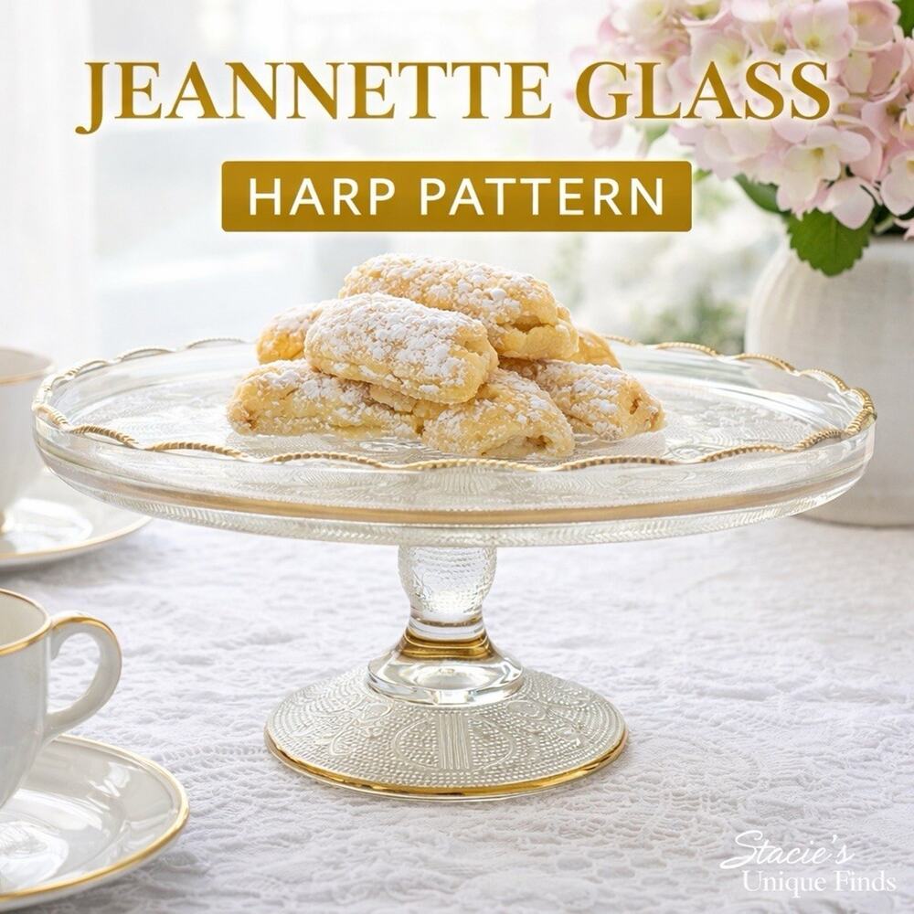 Vintage 1950s Jeannette Glass Harp Lyre 10" Pedestal Cake Stand w/Gold Trim